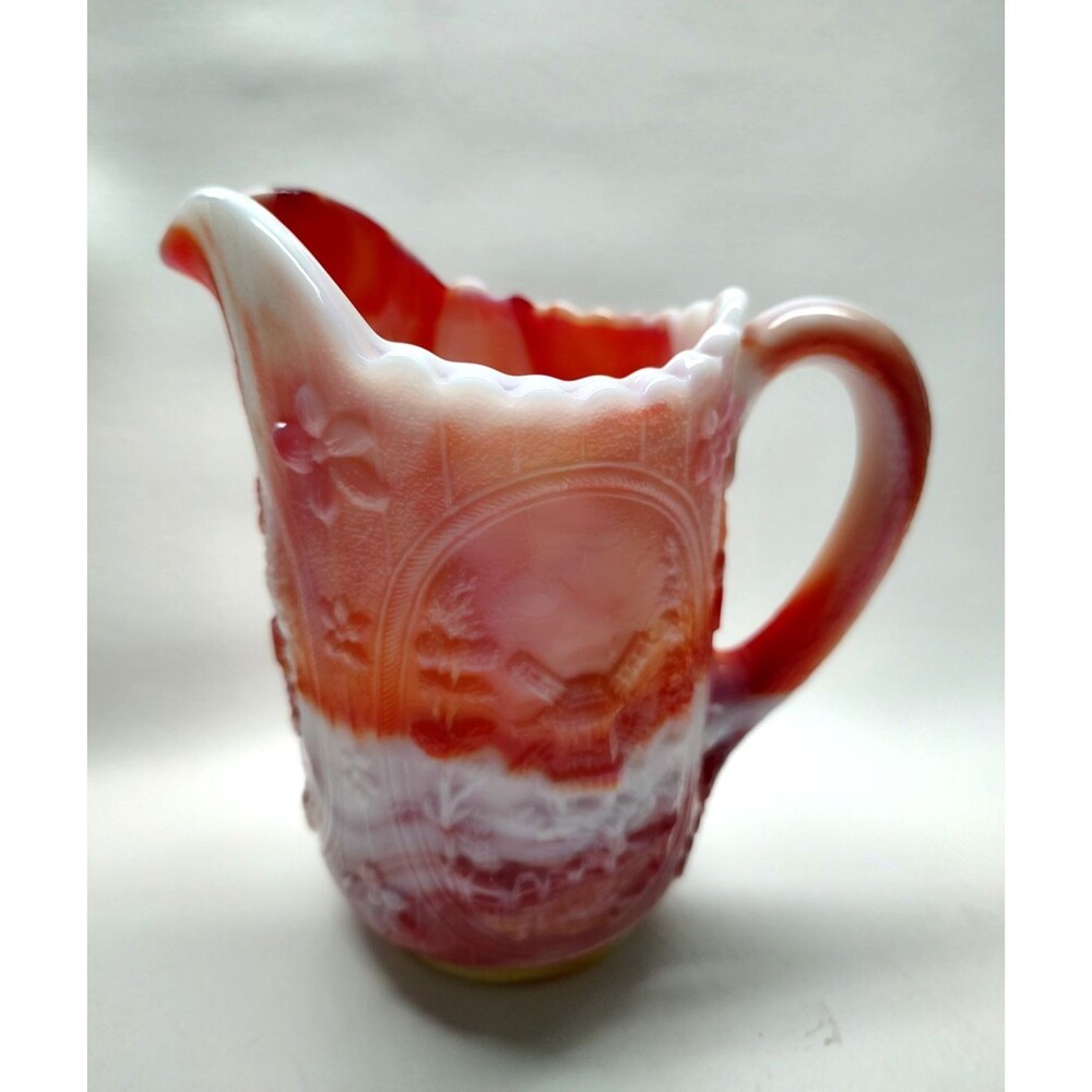 Vintage Imperial Art Slag Glass Red Orange White Pitcher Windmill Design 6-1/2"T
